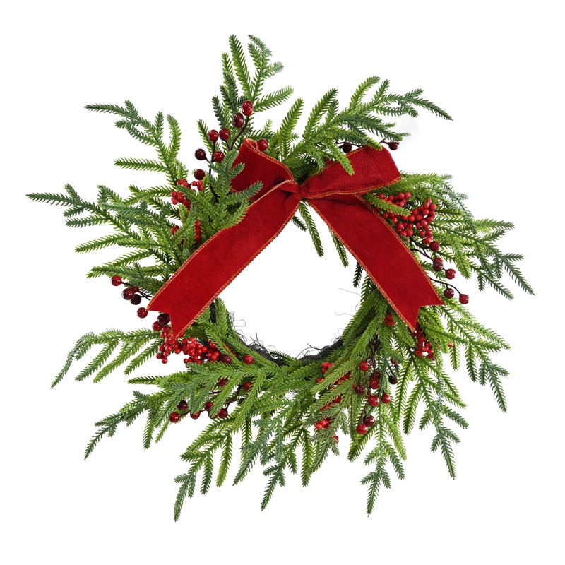 Pine berry Christmas wreath with red bow 56cm