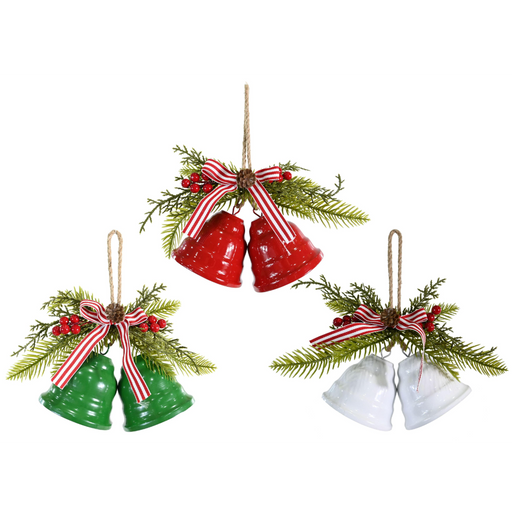 Assorted twin Christmas bells hanger with striped bow