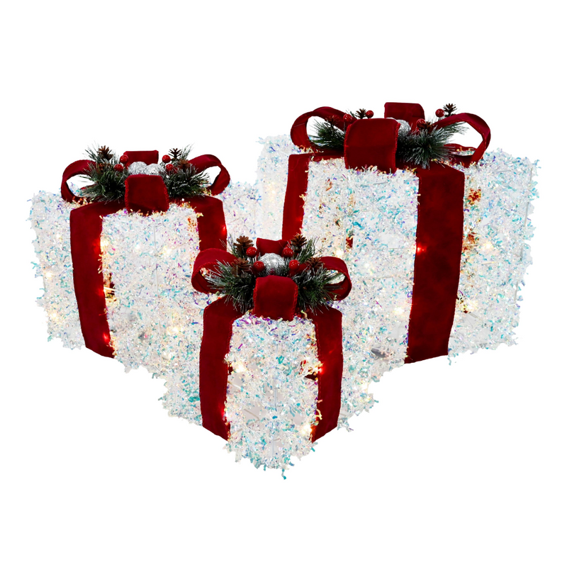 LED iridescent Christmas present set with burgundy bow
