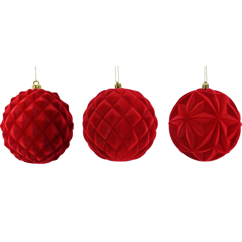Assorted red flocked Christmas bauble 10cm