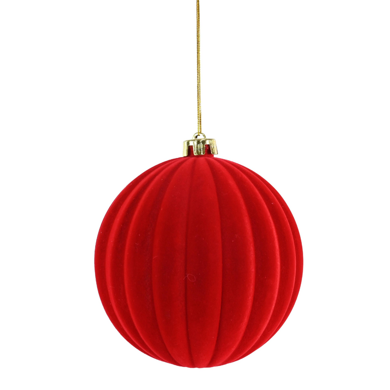 Red flocked ribbed Christmas bauble 15cm