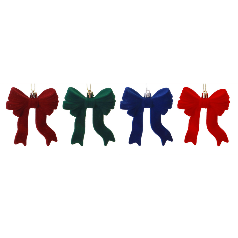 Hanging flocked Christmas bow 10cm assorted decoration