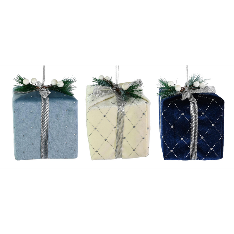 Assorted hanging velvet Christmas present ornament 9cm