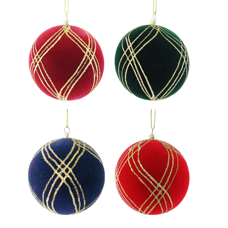 Flocked glitter swirl Christmas bauble 10cm assorted