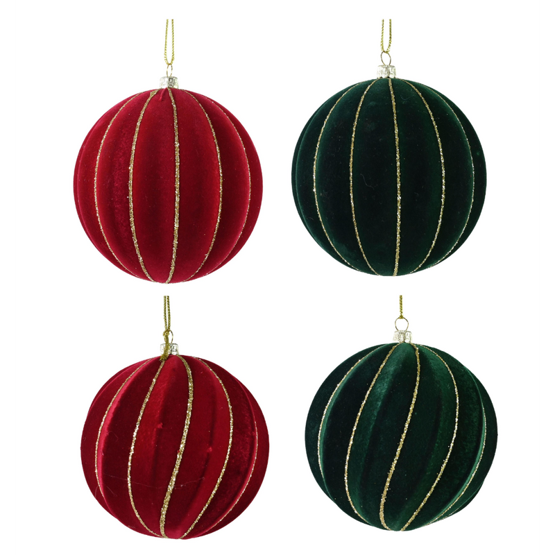 Assorted flocked rib glitter Christmas bauble 10cm