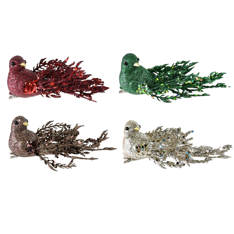 Assorted glitter fantail bird clip Christmas decoration