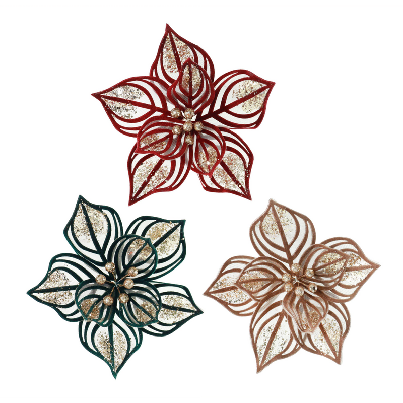 Assorted velvet sheer poinsettia clip Christmas tree decoration