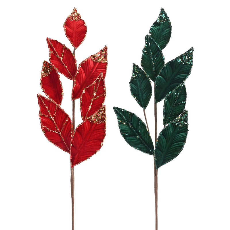 Assorted velvet glitter Christmas leaf pick 72cm