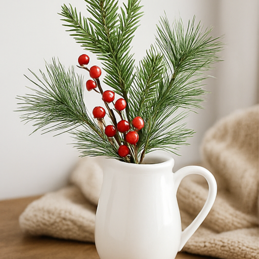 White mug with green branches and red berries on a wooden surface with a beige blanket.