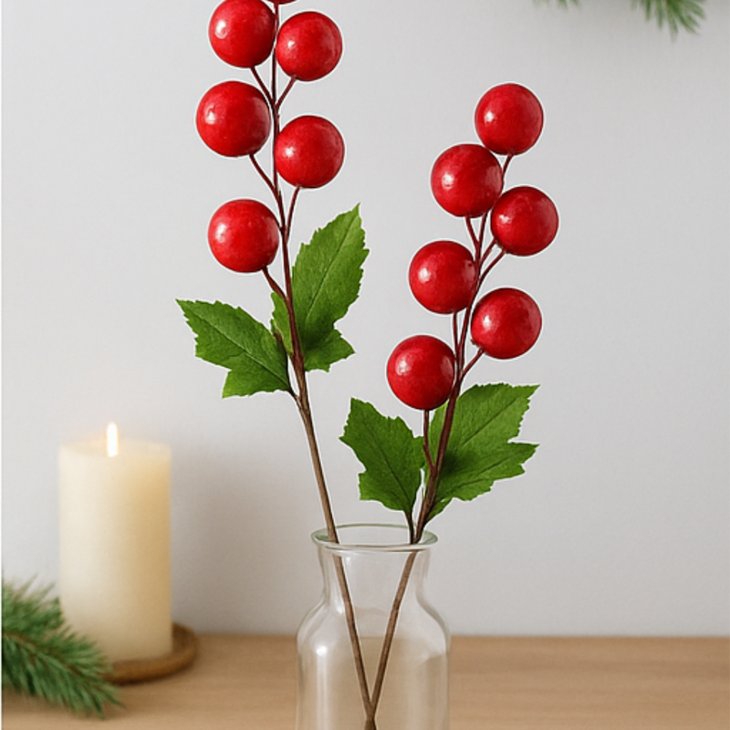 Red berry branches in a clear vase with a candle and greenery on a light background