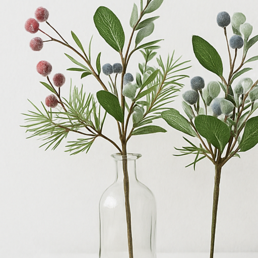 Artificial plants with green leaves and red and gray berries in a clear glass vase on a light background