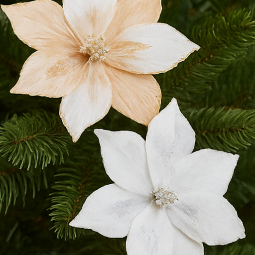 Two poinsettia flowers, one pink and one white, on a green leafy background.
