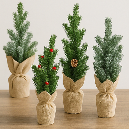 Four small artificial Christmas trees wrapped in burlap on a wooden surface with a light background.