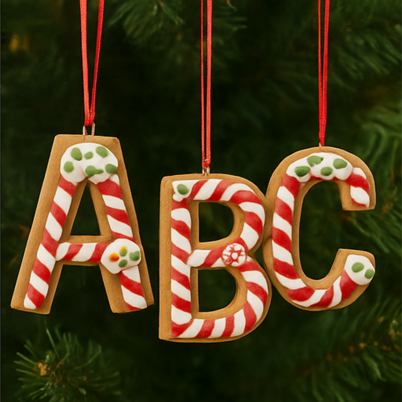 Decorative Christmas ornaments shaped like letters 'A', 'B', and 'C' with candy cane designs on a green tree background.