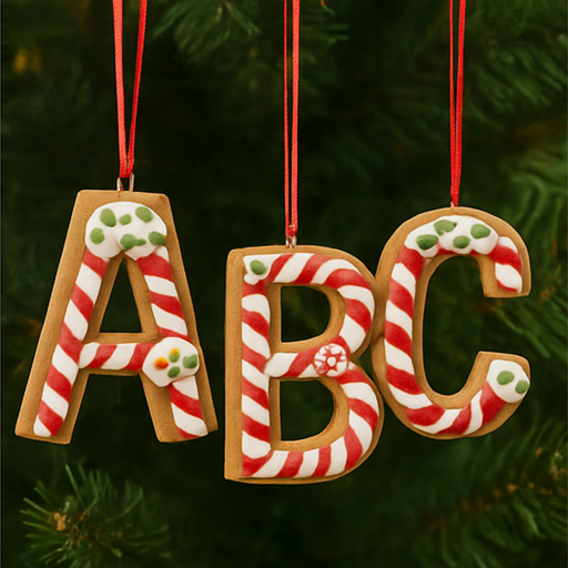 Decorative Christmas ornaments shaped like letters 'A', 'B', and 'C' with candy cane designs on a green tree background.