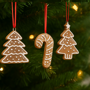 Three gingerbread cookie-shaped Christmas ornaments on a tree. – thumbnail