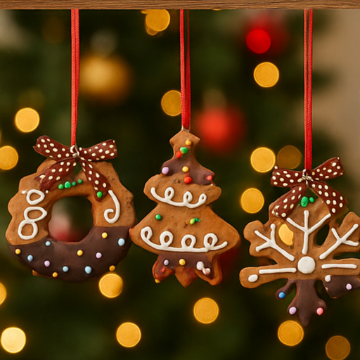 Three gingerbread cookie ornaments hanging against a festive background with blurred lights.