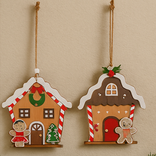 Two gingerbread house-shaped decorations hanging on a beige wall.