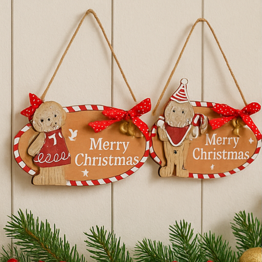 Two wooden Christmas decorations with teddy bears and 'Merry Christmas' text on a light wood background.