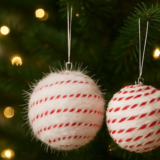 Two white Christmas ornaments with red stripes hanging on a decorated tree.