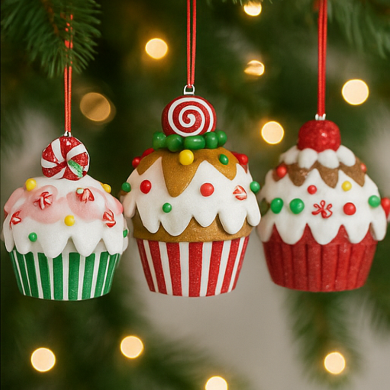 Three cupcake-shaped Christmas ornaments hanging on a tree with blurred lights in the background.