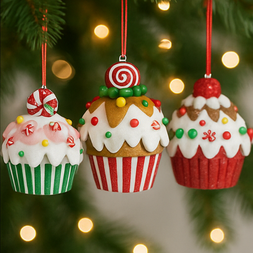 Three cupcake-shaped Christmas ornaments hanging on a tree with blurred lights in the background.