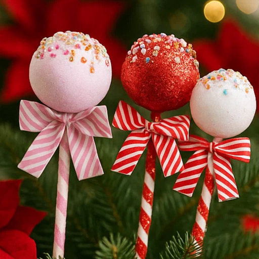 Decorative cake pops with striped ribbons on a Christmas-themed background