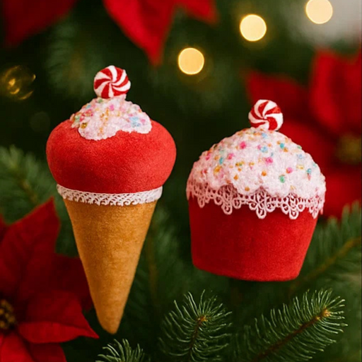 Decorative ice cream cone and cupcake ornaments on a Christmas tree with lights and poinsettias.