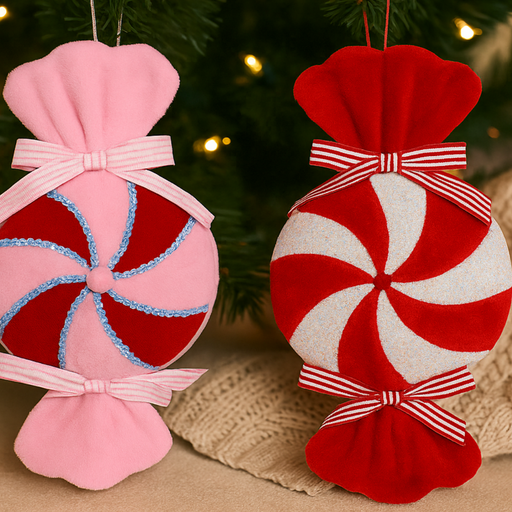 Two candy-themed Christmas ornaments, one pink and one red, against a Christmas tree background.