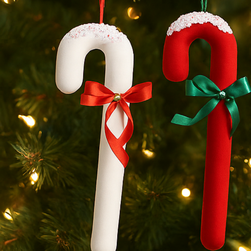 Two candy cane-shaped ornaments with red and green ribbons on a Christmas tree.