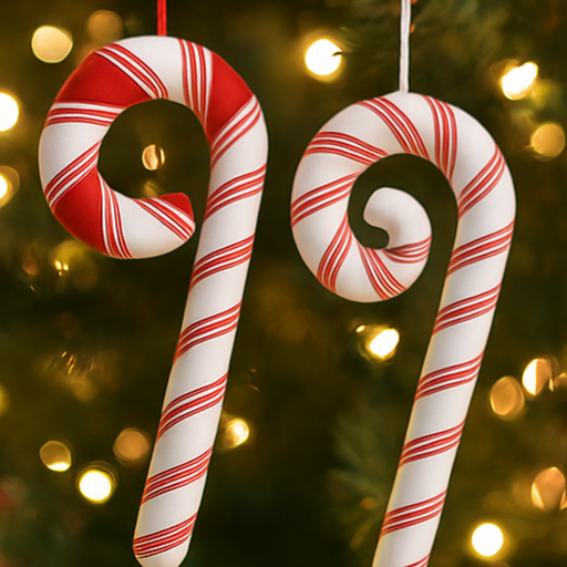 Two candy cane-shaped Christmas ornaments hanging against a blurred Christmas tree background.