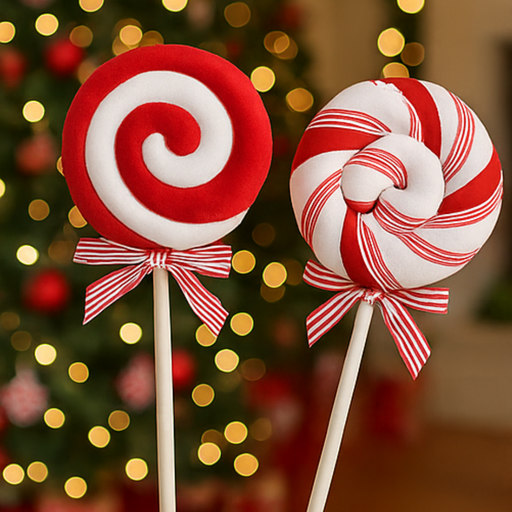 Two candy-themed lollipops with a blurred Christmas tree in the background