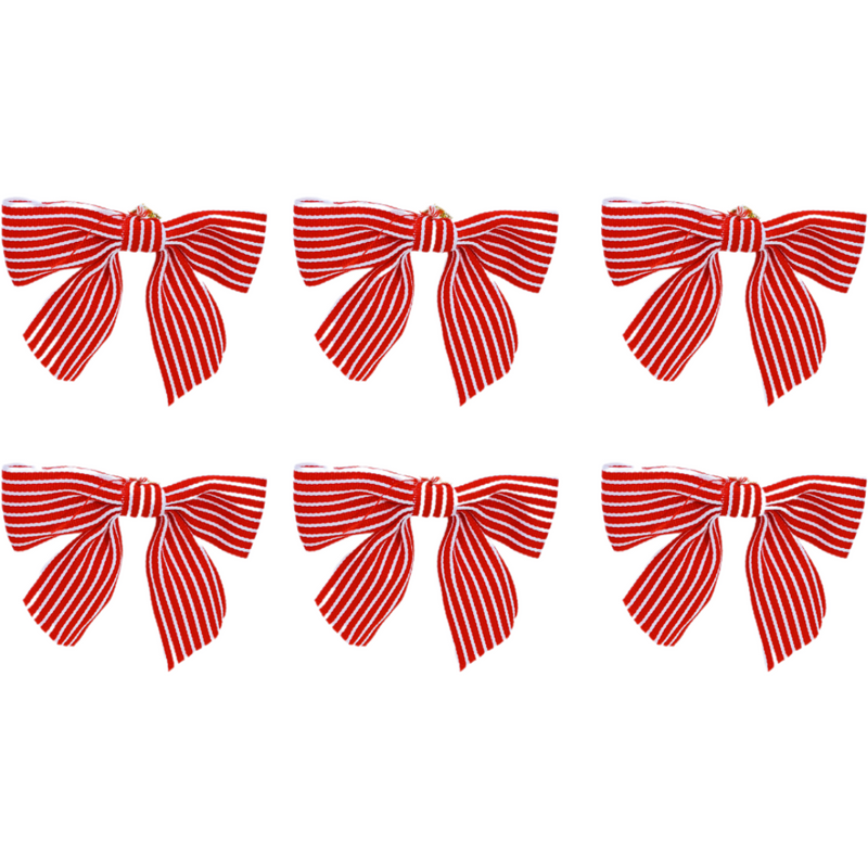 Set of six red striped bows on a white background