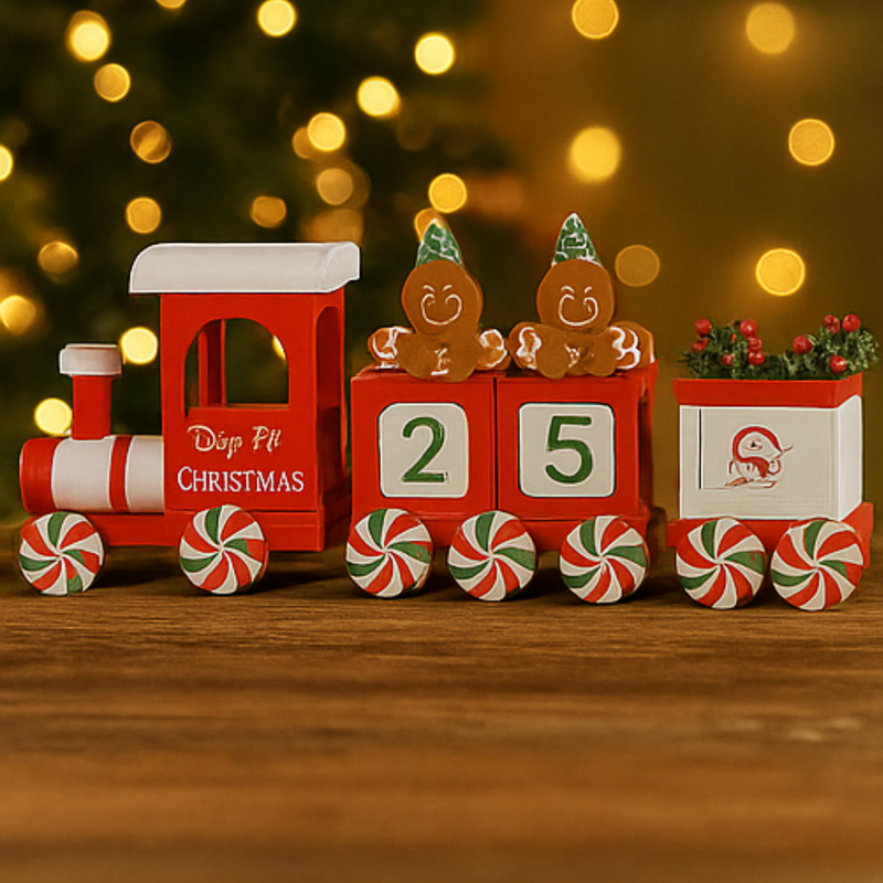 Christmas-themed toy train with gingerbread men and candy decorations against a blurred festive background.