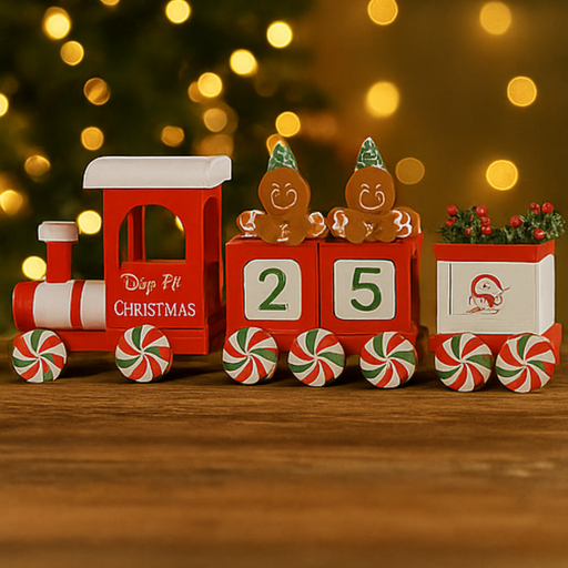 Christmas-themed toy train with gingerbread men and candy decorations against a blurred festive background.