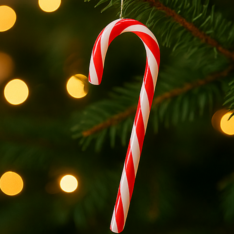 Red and white candy cane ornament on a Christmas tree with blurred lights in the background