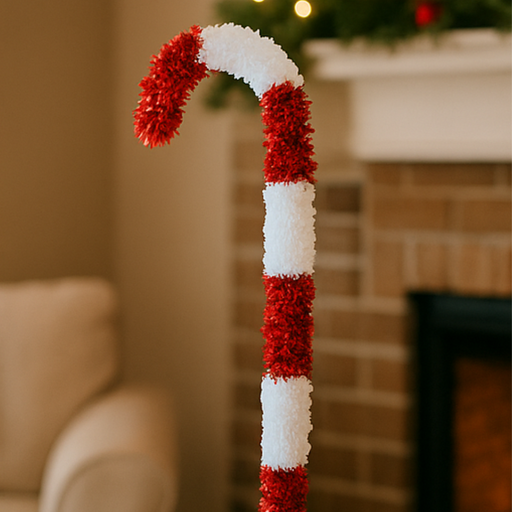 Decorative candy cane made of red and white yarn in a festive setting.