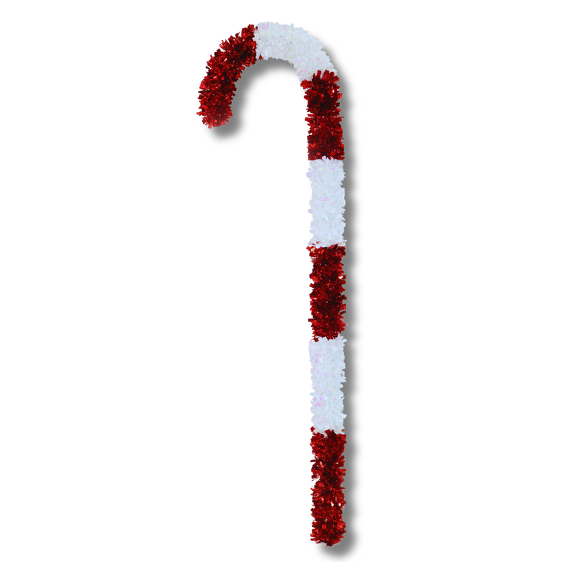 A large tinsel candy cane decoration with red and white stripes.