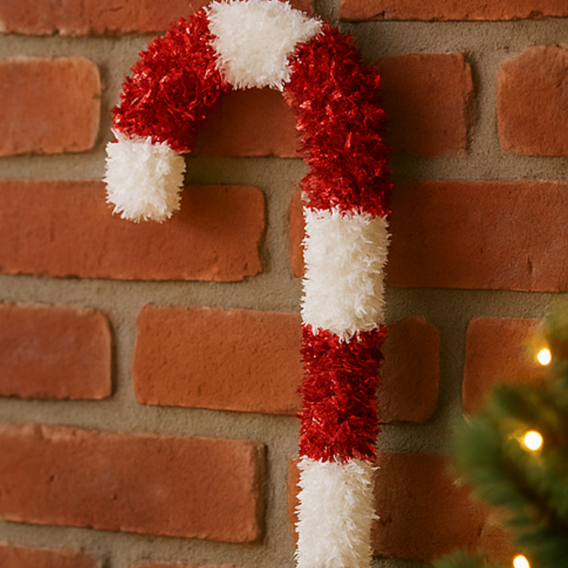 Decorative candy cane against a brick wall with a Christmas tree in the corner.