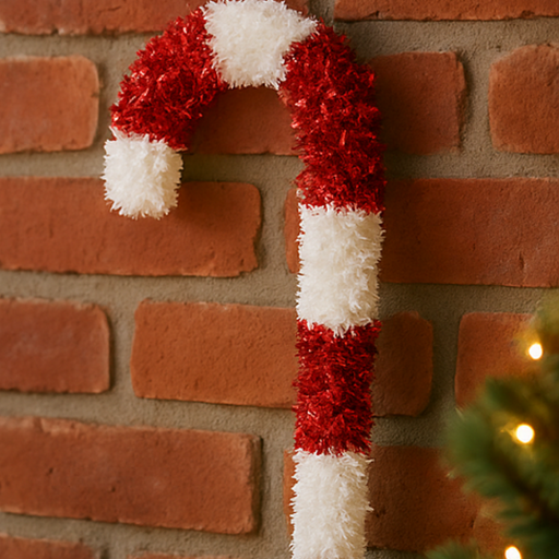 Decorative candy cane against a brick wall with a Christmas tree in the corner.