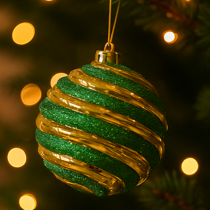 Green and gold Christmas ornament on a tree with blurred lights in the background