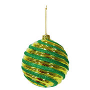 Green and gold striped Christmas ornament on a white background