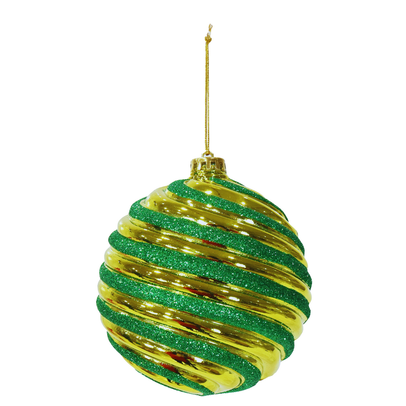 Green and gold striped Christmas ornament on a white background