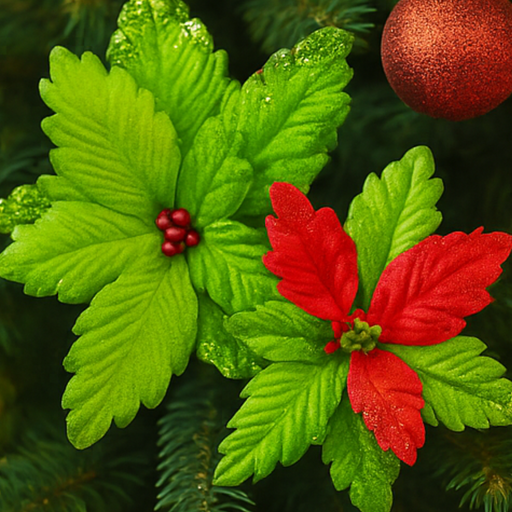 Red poinsettia and green leaves with red berries on a dark green background