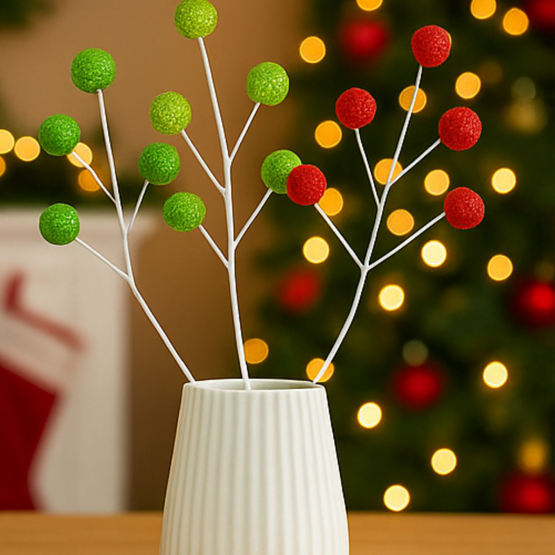 Decorative branches with green and red balls in a white vase against a festive background with lights.