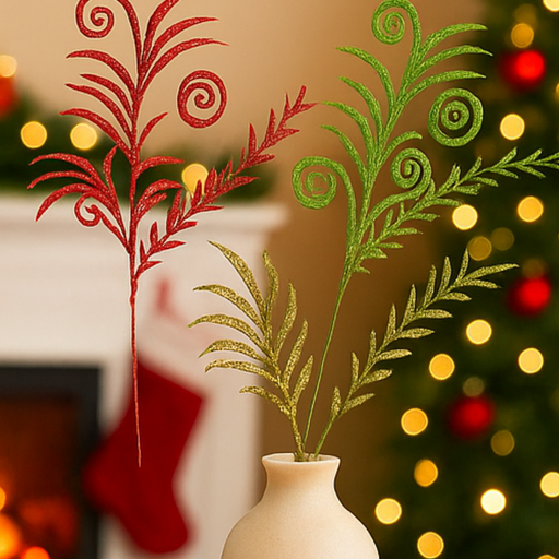 Decorative red and green plants in a vase with a festive background