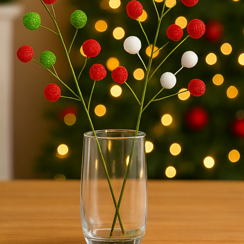 Decorative branches with red, green, and white berries in a clear glass vase against a blurred Christmas tree background.