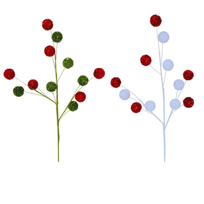 Two floral branches with red, green, and blue flowers on a white background