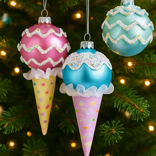 Ice cream cone ornaments in pink, blue, and yellow hanging on a Christmas tree.