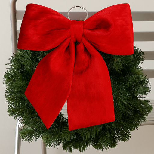 Green wreath with a large red bow on a neutral background
